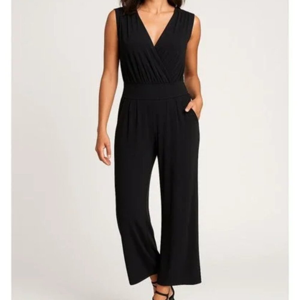Cabi Short Sleeve Wide Leg Jumpsuit Small Navy Blue Super Stretchy Comfy Pockets